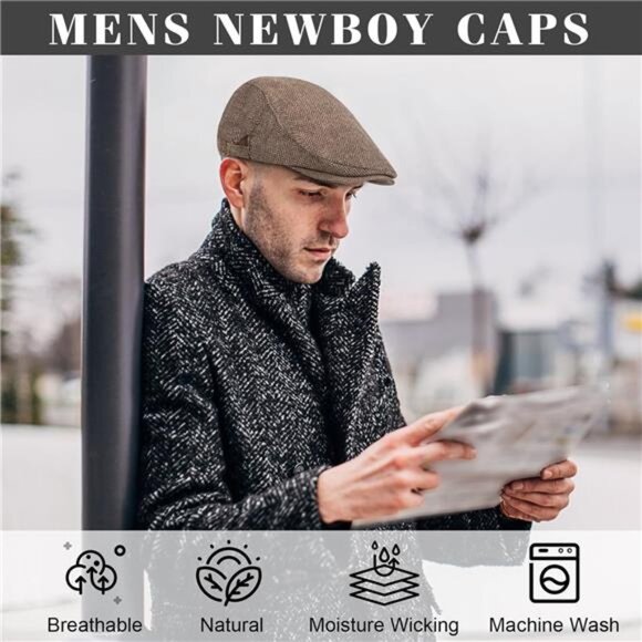 2 Pack Newsboy Hats for Men Classic Herringbone Tweed Wool Blend Flat - Picture 5 of 7